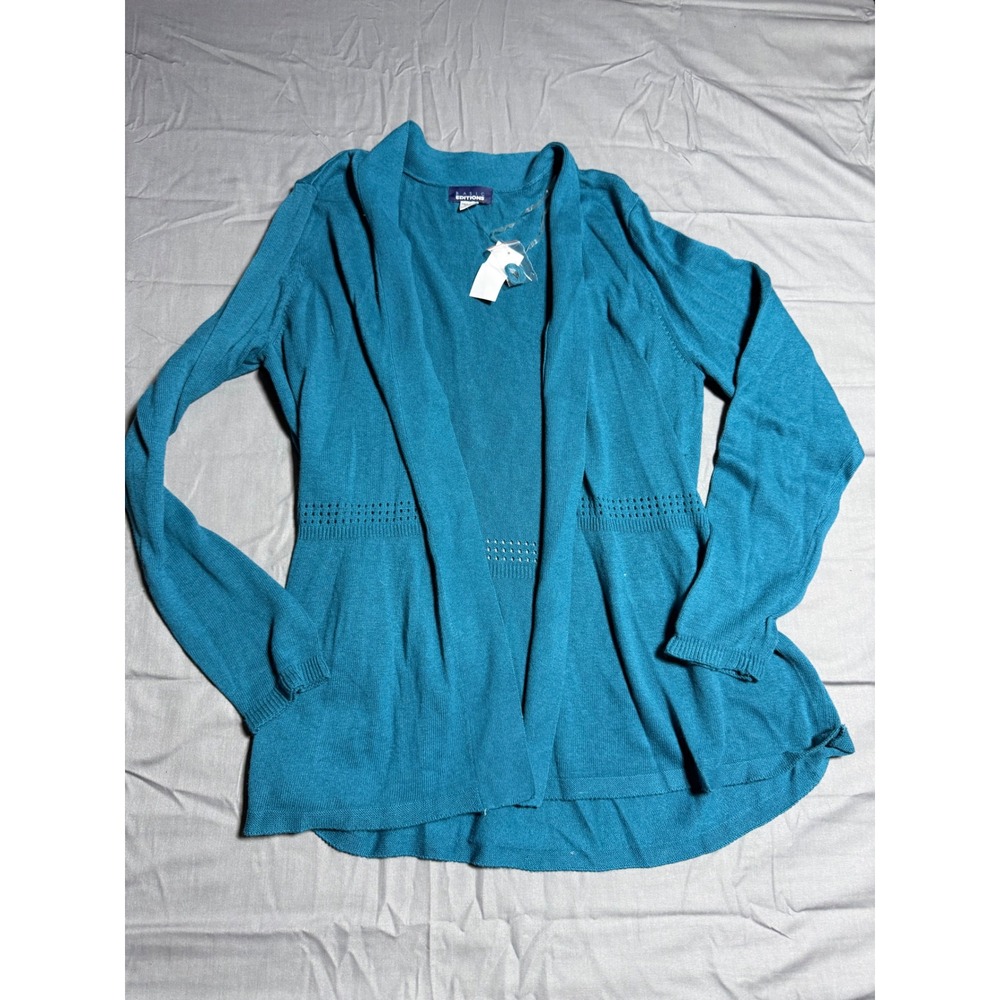 Basic Editions Cardigan Women XL Teal New Open Front Pointelle Knit Sweater
